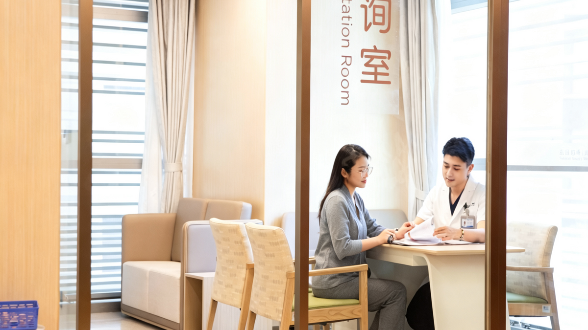 Doctor and patient in a consultation room with a neutral color scheme.
